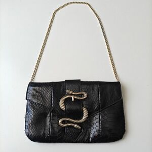 Express Black Faux Leather Snakeskin Shoulder Bag Gold Snake Buckle Chain Strap